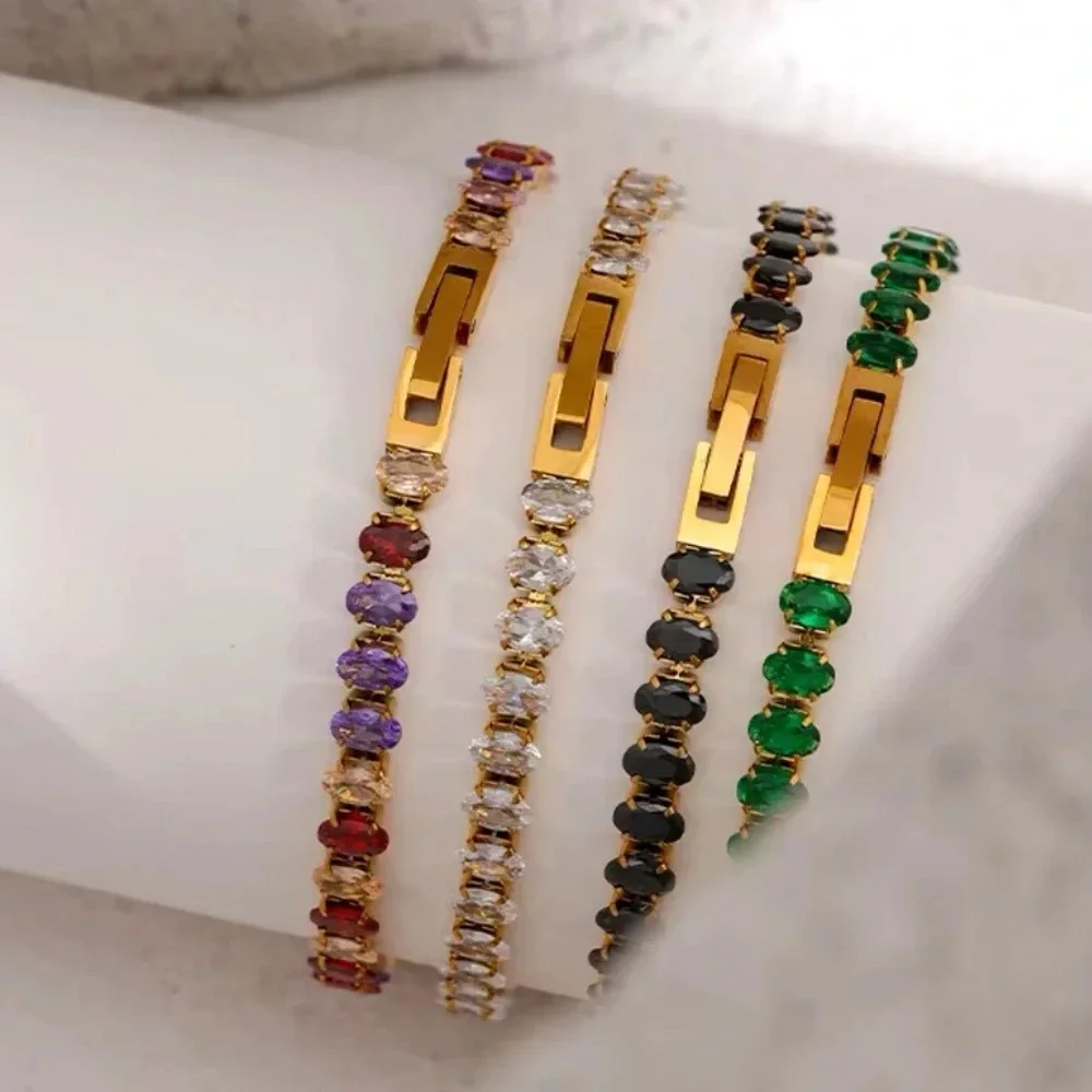 Colorful Zirconia 18K Gold Stainless Steel Waterproof Tennis Bracelet